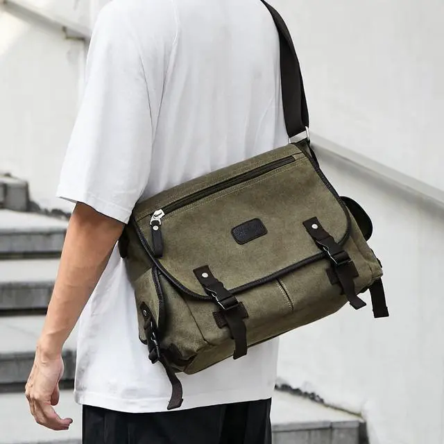 Alt view image 2 of 5 - Messenger Bag for Men,Unisex Canvas Shoulder Bag,Vintage Military Crossbody bag for women,small Sling Bag, Green