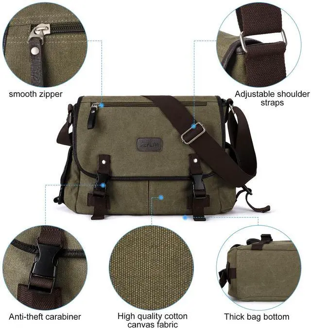 Alt view image 4 of 5 - Messenger Bag for Men,Unisex Canvas Shoulder Bag,Vintage Military Crossbody bag for women,small Sling Bag, Green