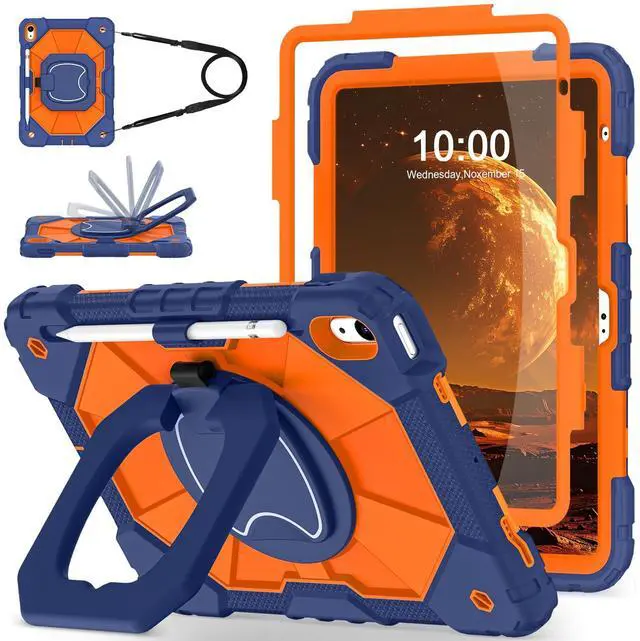 Main image of WESOROL Case for iPad (A16) 11th/10th Generation 2025/2022 with Screen Protector Rotating Stand Pencil Holder Shoulder Strap Heavy Duty Shockproof Cover for iPad 10th Gen Case Kids,Navy Orange