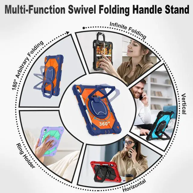 Alt view image 4 of 5 - WESOROL Case for iPad (A16) 11th/10th Generation 2025/2022 with Screen Protector Rotating Stand Pencil Holder Shoulder Strap Heavy Duty Shockproof Cover for iPad 10th Gen Case Kids,Navy Orange