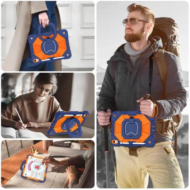 Alt view image 5 of 5 - WESOROL Case for iPad (A16) 11th/10th Generation 2025/2022 with Screen Protector Rotating Stand Pencil Holder Shoulder Strap Heavy Duty Shockproof Cover for iPad 10th Gen Case Kids,Navy Orange
