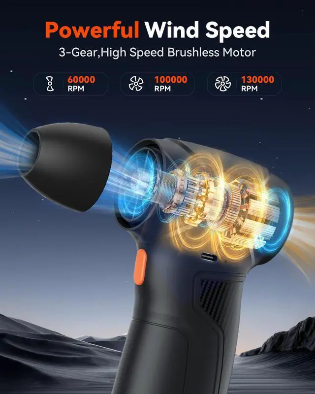 Alt view image 2 of 5 - WERTYI Electric Air Duster-3 Gear Adjustable 130000RPM Compressed Air Duster for Computer Keyboard, 8000mAh Rechargeable Cordless Air Duster for Outdoors, Car, Home Cleaning (Black)