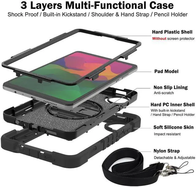 Alt view image 2 of 5 - YOUULAR Tablet Case for Xiaomi Redmi Pad SE 8.7/Redmi Pad SE 4G in India, Tablet Shockproof Cover with 360deg Rotating Stand and Wrist Strap, Shoulder Strap, Completely Black