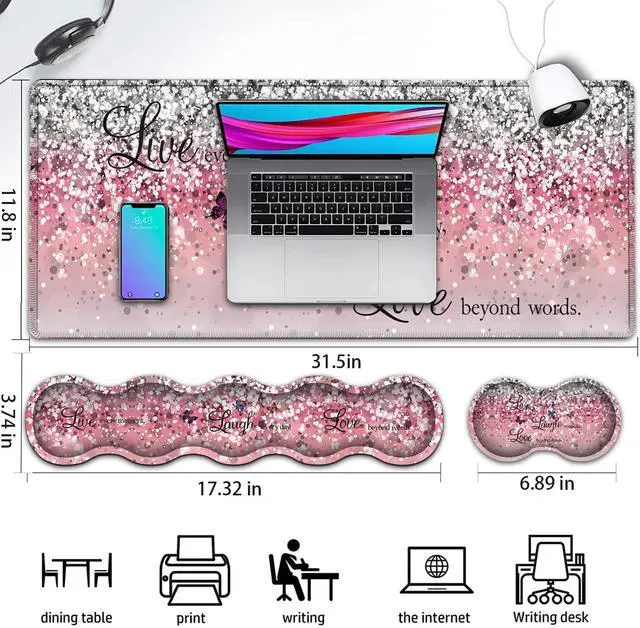 Alt view image 2 of 5 - Pink Gaming Mouse Pad,Large Mouse Pad with Stitched Edge,Non-Slip Base Office Desk Pad Ergonomic Keyboard Wrist Rest Set,Waterproof Writing Pad, Quotes and Butterfly Pattern Extended XXL Desk Mat
