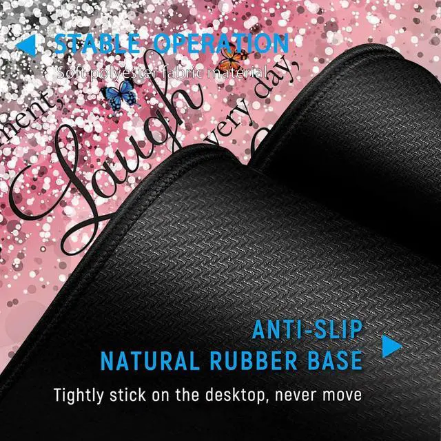Alt view image 3 of 5 - Pink Gaming Mouse Pad,Large Mouse Pad with Stitched Edge,Non-Slip Base Office Desk Pad Ergonomic Keyboard Wrist Rest Set,Waterproof Writing Pad, Quotes and Butterfly Pattern Extended XXL Desk Mat