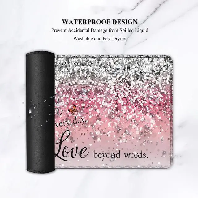 Alt view image 5 of 5 - Pink Gaming Mouse Pad,Large Mouse Pad with Stitched Edge,Non-Slip Base Office Desk Pad Ergonomic Keyboard Wrist Rest Set,Waterproof Writing Pad, Quotes and Butterfly Pattern Extended XXL Desk Mat