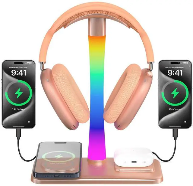 Main image of Headphone Stand with Wireless Charger,Gaming HeadsetStand with RGB Light Mode,Airpod MaxStand Compatible with Airpod Pro/3/2,iPhone 16/15/14/13/12/11,Samsung,Gifts for Gamers & Music Lover (Gold)