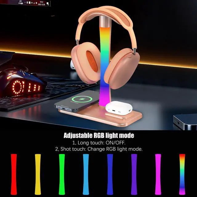 Alt view image 3 of 5 - Headphone Stand with Wireless Charger,Gaming HeadsetStand with RGB Light Mode,Airpod MaxStand Compatible with Airpod Pro/3/2,iPhone 16/15/14/13/12/11,Samsung,Gifts for Gamers & Music Lover (Gold)