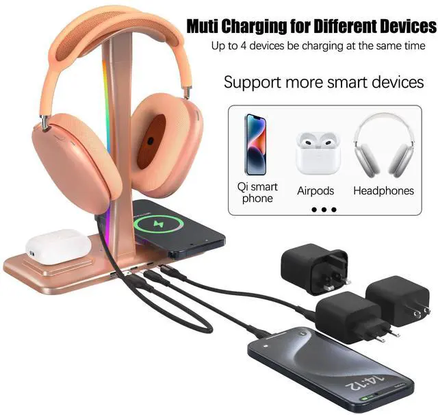Alt view image 4 of 5 - Headphone Stand with Wireless Charger,Gaming HeadsetStand with RGB Light Mode,Airpod MaxStand Compatible with Airpod Pro/3/2,iPhone 16/15/14/13/12/11,Samsung,Gifts for Gamers & Music Lover (Gold)