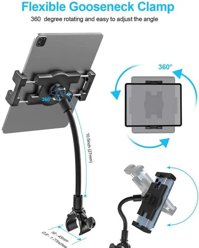 Alt view image 4 of 5 - woleyi Gooseneck Tablet Holder for Spin Bike, Peloton Tablet Mount Exercise Bike Handlebar Stand for Stationary Bicycle, Treadmill, Stroller, Elliptical for iPad Pro Air Mini, Galaxy, 4.7-13" Devices