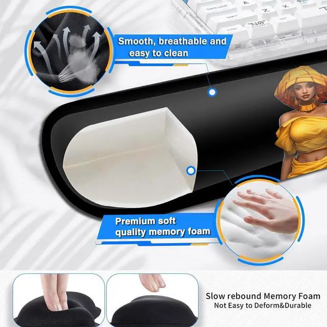 Alt view image 4 of 5 - Large Gaming Mouse Pad+ Keyboard Wrist Rest Set, Ergonomics Memory Foam Mouse Mat Wrist Rest Suppor, Waterproof Extended Mousepad 31.5x11.8in, African American Women Black Girl Desk Pad
