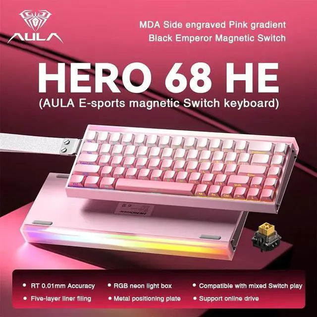 Alt view image 2 of 5 - Aula Hero 68HE Magnetic Switch Gaming Keyboard, 60% Layout Wired Mechanical Keyboard with Adjustable Actuation, RGB Backlit, Side Printed PBT Keycaps, Rapid Trigger Mode, 8K Hz Polling Rate (Pink)