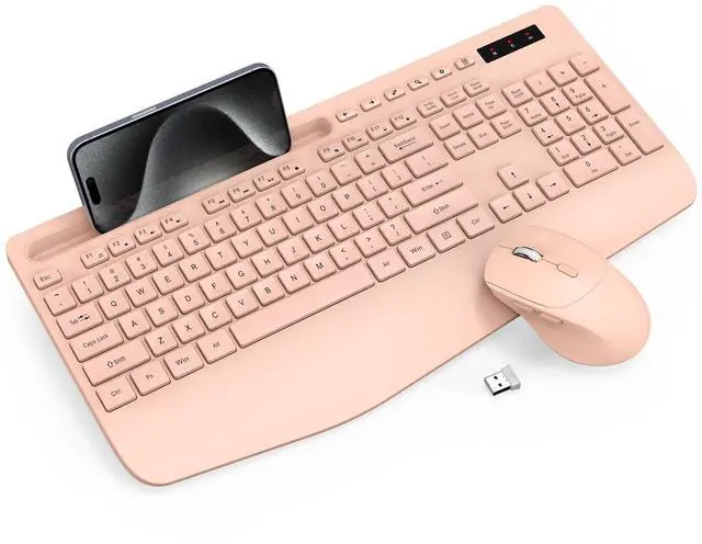 Main image of Trueque Wireless Keyboard and Mouse Combo - Full-Sized Ergonomic Keyboard with Wrist Rest, Phone Holder, Sleep Mode, Silent 2.4GHz Cordless Keyboards Mice Set for Computer, Laptop, PC, Windows (Pink)