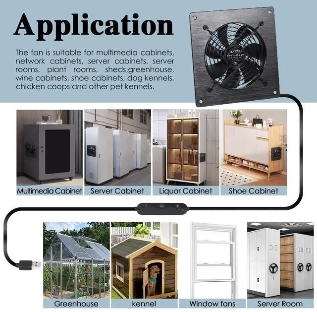 Alt view image 2 of 5 - xiaoqijia USB 120MM Cabinet Fan 5V Quiet Cooling Fan DC 12V IPX5 Waterproof Fan System 6" with 10 Speed Control, for Home Theater AV Cabinet,Server Cabinet,Dog kennels,Greenhouse Cooling