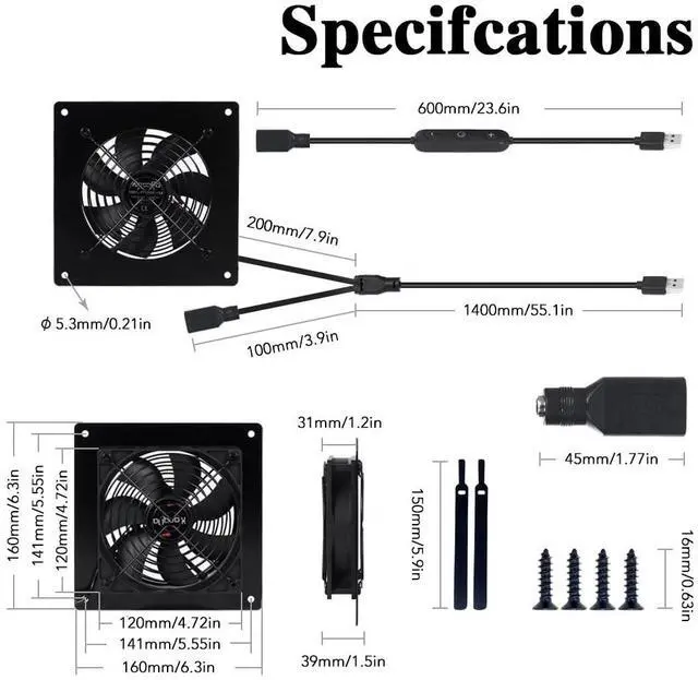 Alt view image 3 of 5 - xiaoqijia USB 120MM Cabinet Fan 5V Quiet Cooling Fan DC 12V IPX5 Waterproof Fan System 6" with 10 Speed Control, for Home Theater AV Cabinet,Server Cabinet,Dog kennels,Greenhouse Cooling