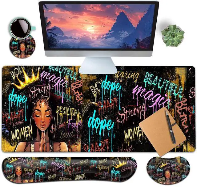 Main image of Large Gaming Mouse Pad+ Keyboard Wrist Rest Set, Ergonomics Memory Foam Mouse Mat Wrist Rest Support, Waterproof Extended Mousepad 31.5x11.8in, African American Black Women Graffiti Girl Desk Pad