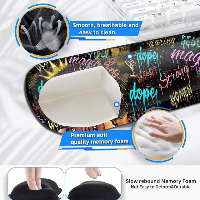 Alt view image 4 of 5 - Large Gaming Mouse Pad+ Keyboard Wrist Rest Set, Ergonomics Memory Foam Mouse Mat Wrist Rest Support, Waterproof Extended Mousepad 31.5x11.8in, African American Black Women Graffiti Girl Desk Pad