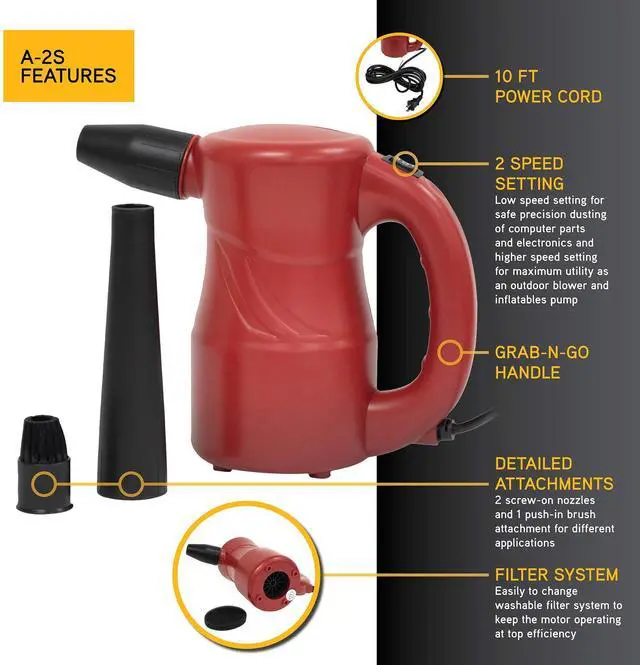 Alt view image 3 of 5 - XPOWER A-2S Cyber Duster Electric Air Duster for Dusting, Drying, Inflating, Blowing, Car Detailing, Computer, Leaf Blowing, 90 CFM, 2 Nozzles + 1 Brush, High Performance Motor, Eco-Friendly, Red