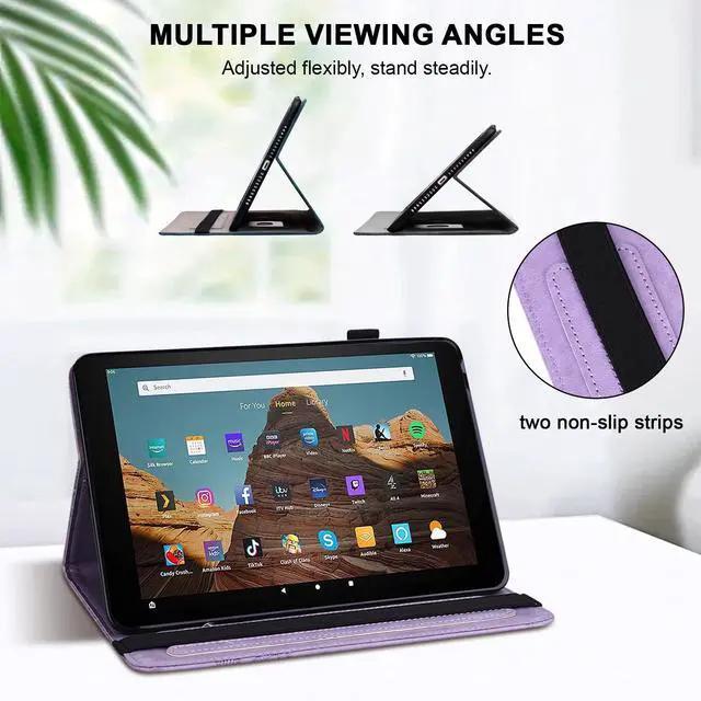 Alt view image 3 of 5 - TUOLISG Case for  Kindle Fire HD 10 9th/7th/5th Generation 10.1 Inch with Card Slots, Flower Pattern Embossed PU Leather Folio Wallet Stand Case for Fire HD 10 2019/2017/2015, Purple