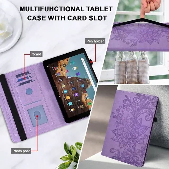 Alt view image 4 of 5 - TUOLISG Case for  Kindle Fire HD 10 9th/7th/5th Generation 10.1 Inch with Card Slots, Flower Pattern Embossed PU Leather Folio Wallet Stand Case for Fire HD 10 2019/2017/2015, Purple