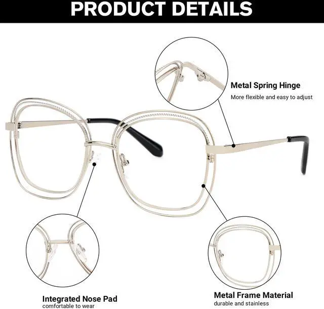 Alt view image 4 of 5 - Zeelool Square Blue Light Blocking Glasses, Metal Frame Glasses for Women Eyeglasses with Clear Lens Anti Eyestrain & UV from Computer/TV/Phone ZJGM923220-01B Gold