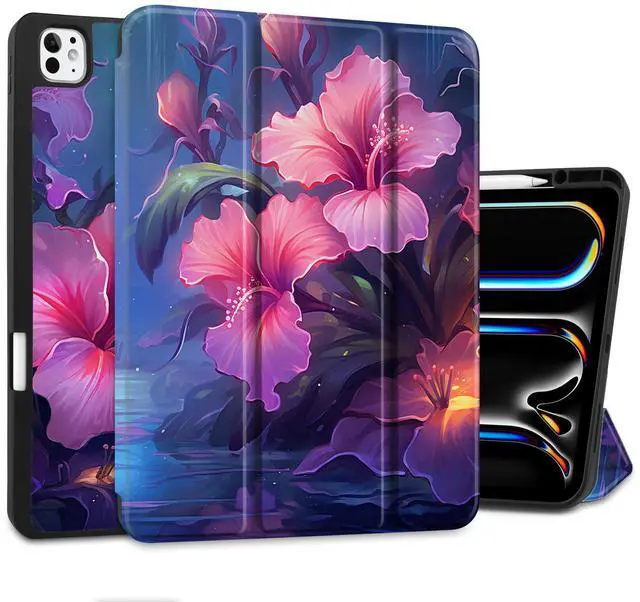 Main image of Yebiseven Case for M4 iPad Pro 13 inch 2024 Released Model A2925/A2926/A3007, Shockproof Tablet Case with Pencil Holder & Auto Wake/Sleep & Soft TPU Back Cover, Hibiscus Flower