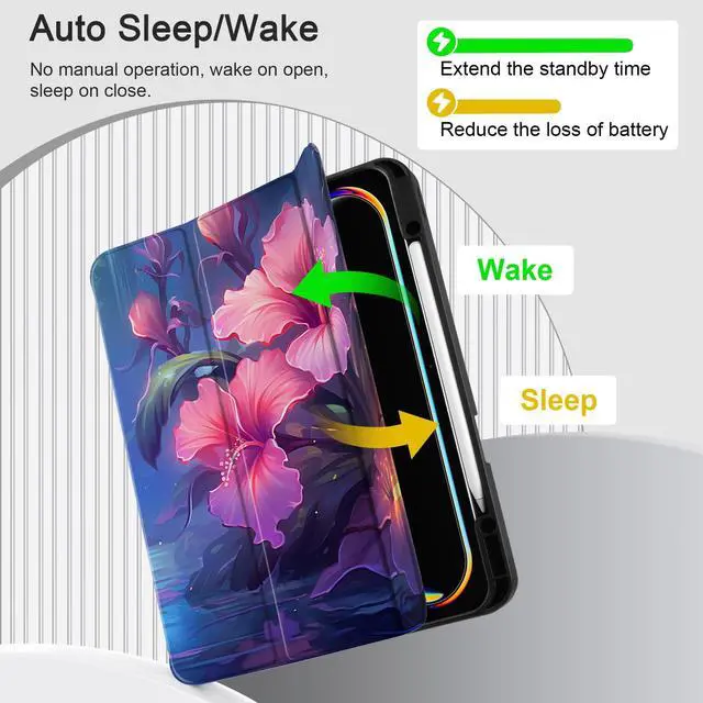 Alt view image 3 of 5 - Yebiseven Case for M4 iPad Pro 13 inch 2024 Released Model A2925/A2926/A3007, Shockproof Tablet Case with Pencil Holder & Auto Wake/Sleep & Soft TPU Back Cover, Hibiscus Flower