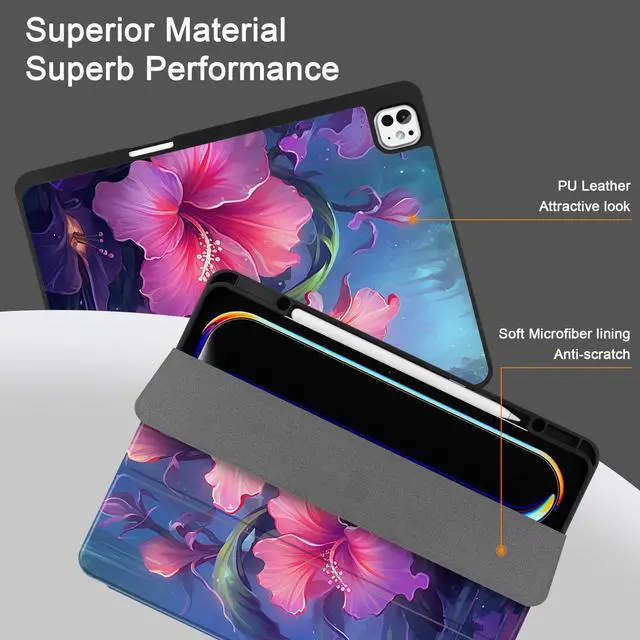 Alt view image 4 of 5 - Yebiseven Case for M4 iPad Pro 13 inch 2024 Released Model A2925/A2926/A3007, Shockproof Tablet Case with Pencil Holder & Auto Wake/Sleep & Soft TPU Back Cover, Hibiscus Flower