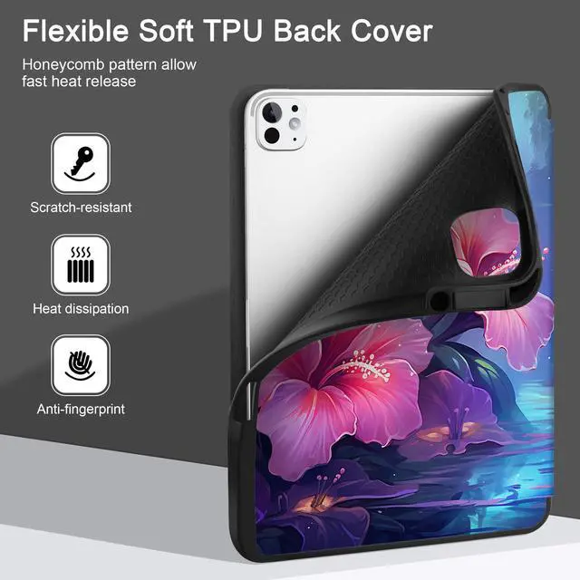 Alt view image 5 of 5 - Yebiseven Case for M4 iPad Pro 13 inch 2024 Released Model A2925/A2926/A3007, Shockproof Tablet Case with Pencil Holder & Auto Wake/Sleep & Soft TPU Back Cover, Hibiscus Flower