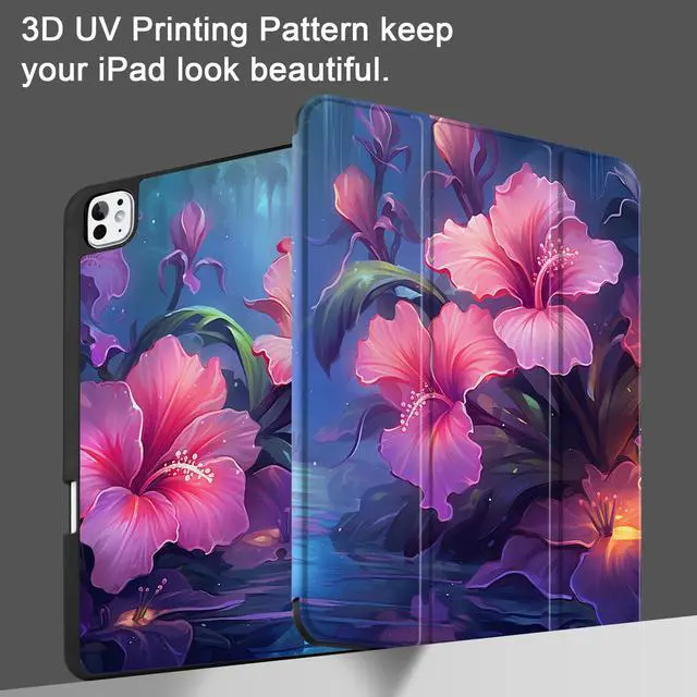 Alt view image 2 of 5 - Yebiseven Case for M4 iPad Pro 13 inch 2024 Released Model A2925/A2926/A3007, Shockproof Tablet Case with Pencil Holder & Auto Wake/Sleep & Soft TPU Back Cover, Hibiscus Flower