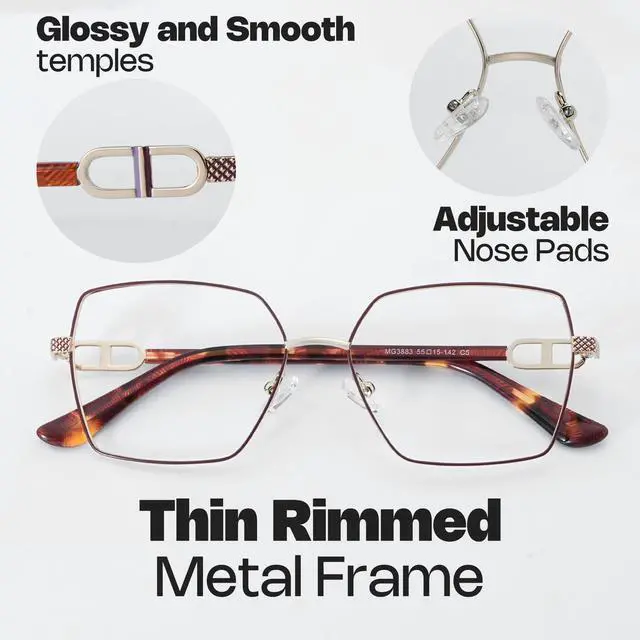 Alt view image 3 of 5 - Zeelool Blue Light Blocking Glasses for Women, Metal Fashion Glasses Frame Eyeglasses with Non-prescription Clear Lenses ZJGM374867-05B