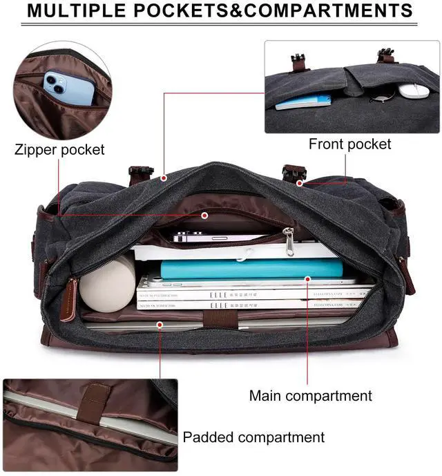 Alt view image 3 of 5 - Messenger Bag for Men Women 15.6 Inch Laptop Bag Canvas Water-resistant Computer Shoulder Bag Work Briefcase Bookbag for