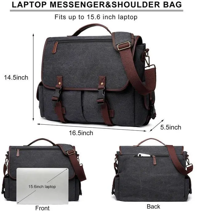 Alt view image 2 of 5 - Messenger Bag for Men Women 15.6 Inch Laptop Bag Canvas Water-resistant Computer Shoulder Bag Work Briefcase Bookbag for
