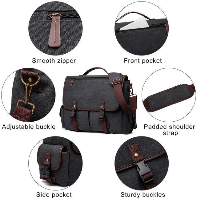 Alt view image 4 of 5 - Messenger Bag for Men Women 15.6 Inch Laptop Bag Canvas Water-resistant Computer Shoulder Bag Work Briefcase Bookbag for