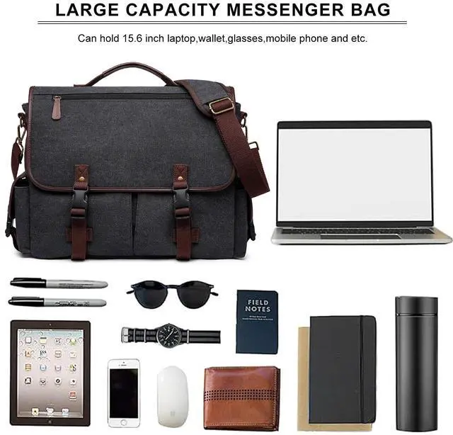 Alt view image 5 of 5 - Messenger Bag for Men Women 15.6 Inch Laptop Bag Canvas Water-resistant Computer Shoulder Bag Work Briefcase Bookbag for