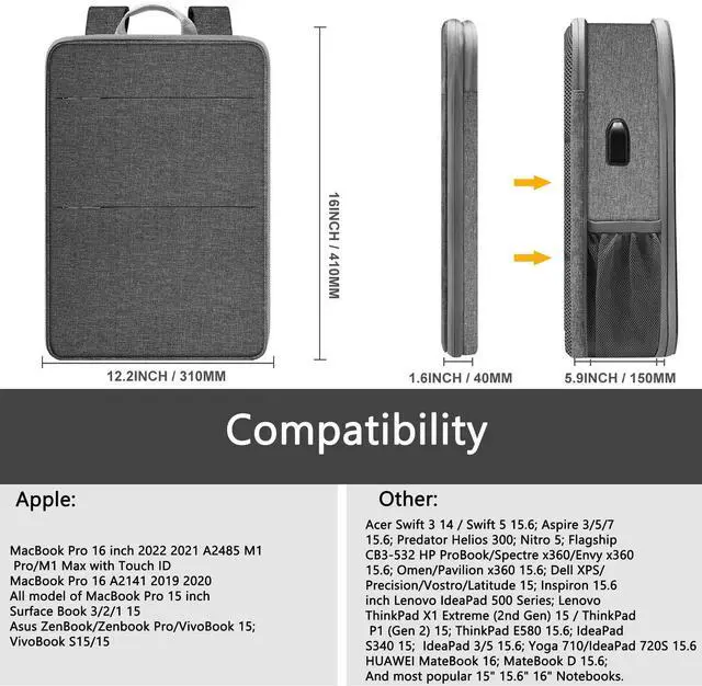 Alt view image 2 of 5 - ZINZ Slim & Expandable Laptop Backpack 15 15.6 16 Inch Sleeve with USB Port, Spill-Resistant Notebooks Bag Case for Most 14-16 Inch MacBooks Surface-Books Dell HP Lenovo Asus Computers,D01G02