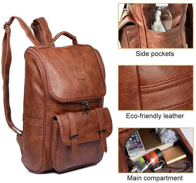 Alt view image 3 of 5 - QWARVEL Vegan Faux Leather Laptop Backpack for Men Women, Fashion Laptop Bag, Travel Waterproof Backpack, Brown