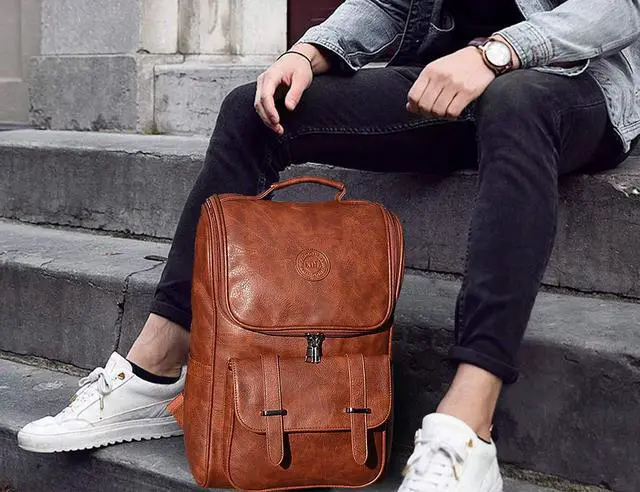 Alt view image 2 of 5 - QWARVEL Vegan Faux Leather Laptop Backpack for Men Women, Fashion Laptop Bag, Travel Waterproof Backpack, Brown