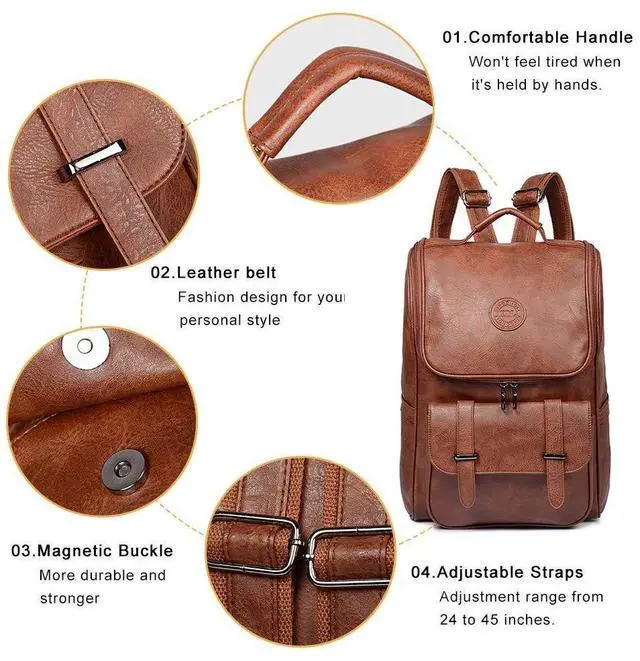 Alt view image 4 of 5 - QWARVEL Vegan Faux Leather Laptop Backpack for Men Women, Fashion Laptop Bag, Travel Waterproof Backpack, Brown