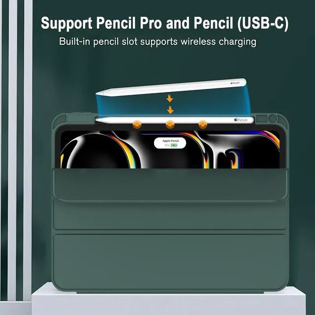 Alt view image 2 of 5 - ZryXal 2024 iPad Pro 11 Inch Case M4 (5th Generation) with Pencil Holder, Smart iPad Case [Support Pencil Pro and Pencil (USB-C)], Support Touch ID and Auto Wake/Sleep (New Midnight Green)