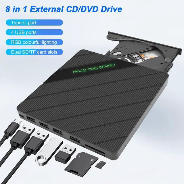 Alt view image 3 of 5 - XMSJSIY External CD/DVD Drive for Laptop USB 3.0 Type-C Portable CD/DVD ROM +/-RW Drive Burner Writer Player Reader Disk Duplicator with USB 3.0/Type-C/SD/TF Card Ports 8 in 1 for Desktop PC Mac