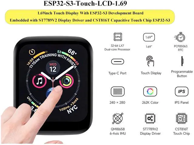 Alt view image 2 of 5 - ESP32-S3 1.69inch Touch Display Development Board, 240x280 Pixels, 262K Color, Micro LCD Display with ESP32-S3, Accelerometer and Gyroscope Sensor