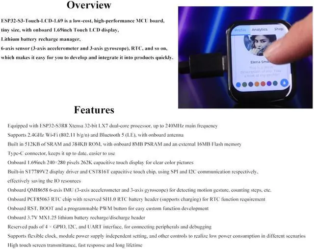 Alt view image 5 of 5 - ESP32-S3 1.69inch Touch Display Development Board, 240x280 Pixels, 262K Color, Micro LCD Display with ESP32-S3, Accelerometer and Gyroscope Sensor
