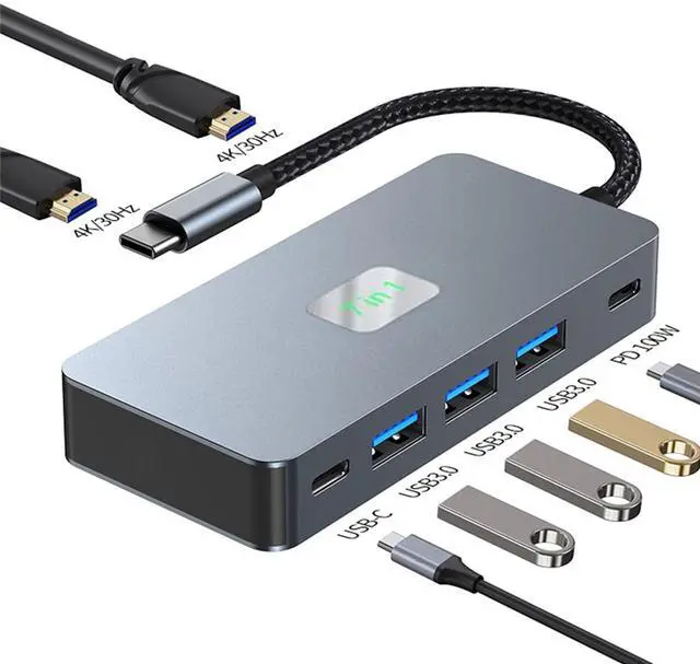 Main image of USB C to Dual HDMI Docking Station, USB C to Dual HDMI(4K@30Hz) Multiport Adapter, Type C Hub with 2 HD Monitors, 100W PD All in one for Dell HP MacBook Laptop (7 in 1 2HDMI+3USB3.0