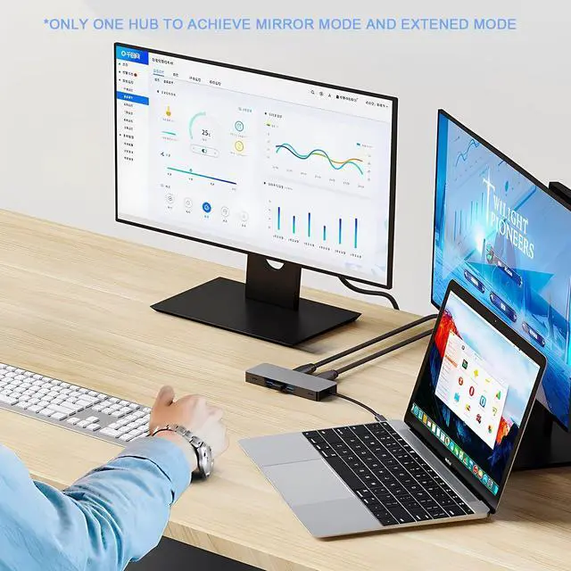 Alt view image 2 of 5 - USB C to Dual HDMI Docking Station, USB C to Dual HDMI(4K@30Hz) Multiport Adapter, Type C Hub with 2 HD Monitors, 100W PD All in one for Dell HP MacBook Laptop (7 in 1 2HDMI+3USB3.0