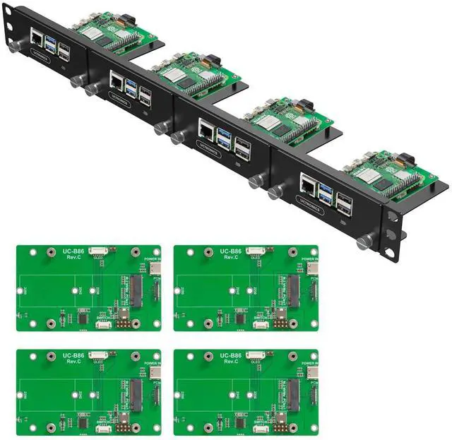 Main image of UCTRONICS 1U Rack Mount for Raspberry Pi 5, 19" Server Rack with 4 PCIe to M.2 NVME SSD Adapters, Support Up to 4 Pi 5