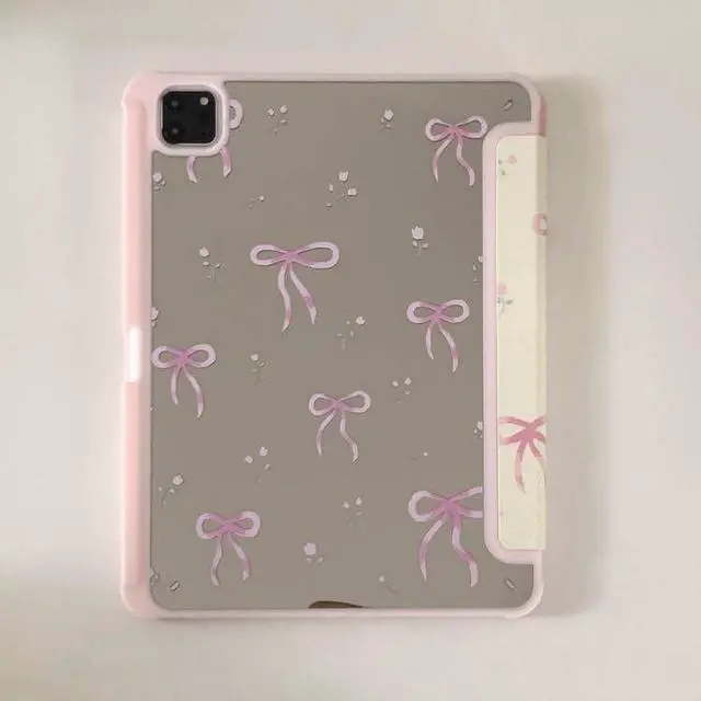 Alt view image 2 of 5 - Adjustable Kickstand Mirror Leather Hard Folio Case for Apple Cream White Color Pink Bow Ribbon Beautiful Floral Cute Chic Adorable Lovely Girls Kids (for iPad Pro 11-inch 4th Generation 2022)