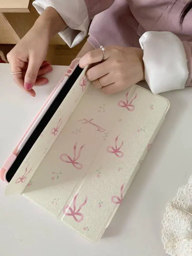 Alt view image 5 of 5 - Adjustable Kickstand Mirror Leather Hard Folio Case for Apple Cream White Color Pink Bow Ribbon Beautiful Floral Cute Chic Adorable Lovely Girls Kids (for iPad Pro 11-inch 4th Generation 2022)