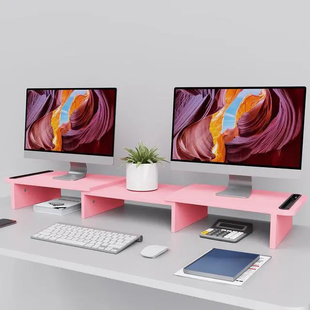 Alt view image 3 of 5 - Zimilar Dual Monitor Stand Riser, Monitor Stand with Adjustable Length and Angle, Wood Monitor Stand for Desk, Monitor Riser for 2 Monitors with Storage Space