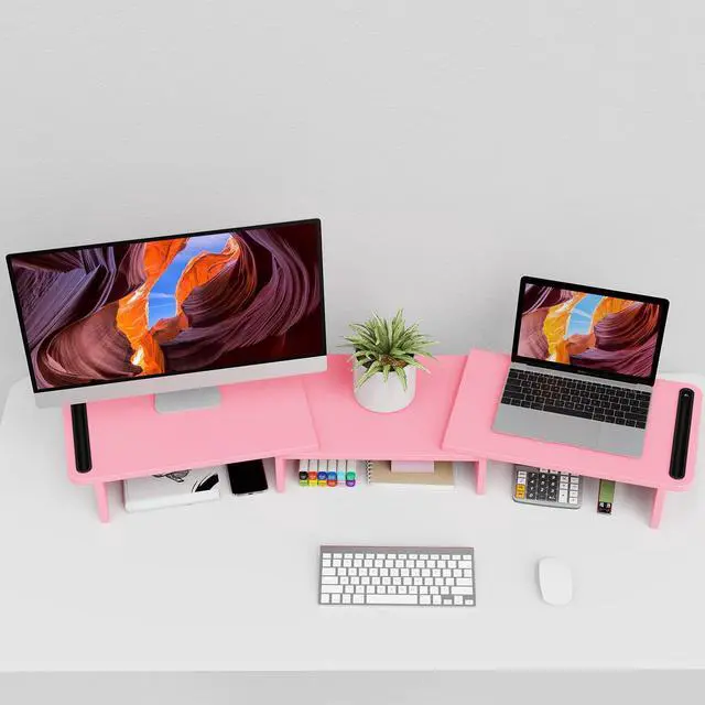 Alt view image 4 of 5 - Zimilar Dual Monitor Stand Riser, Monitor Stand with Adjustable Length and Angle, Wood Monitor Stand for Desk, Monitor Riser for 2 Monitors with Storage Space